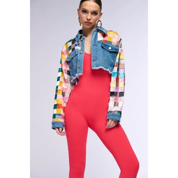 Akira Denim Jacket Colorful Patchwork Cropped Jean Jacket Womens 1X - Picture 1 of 13